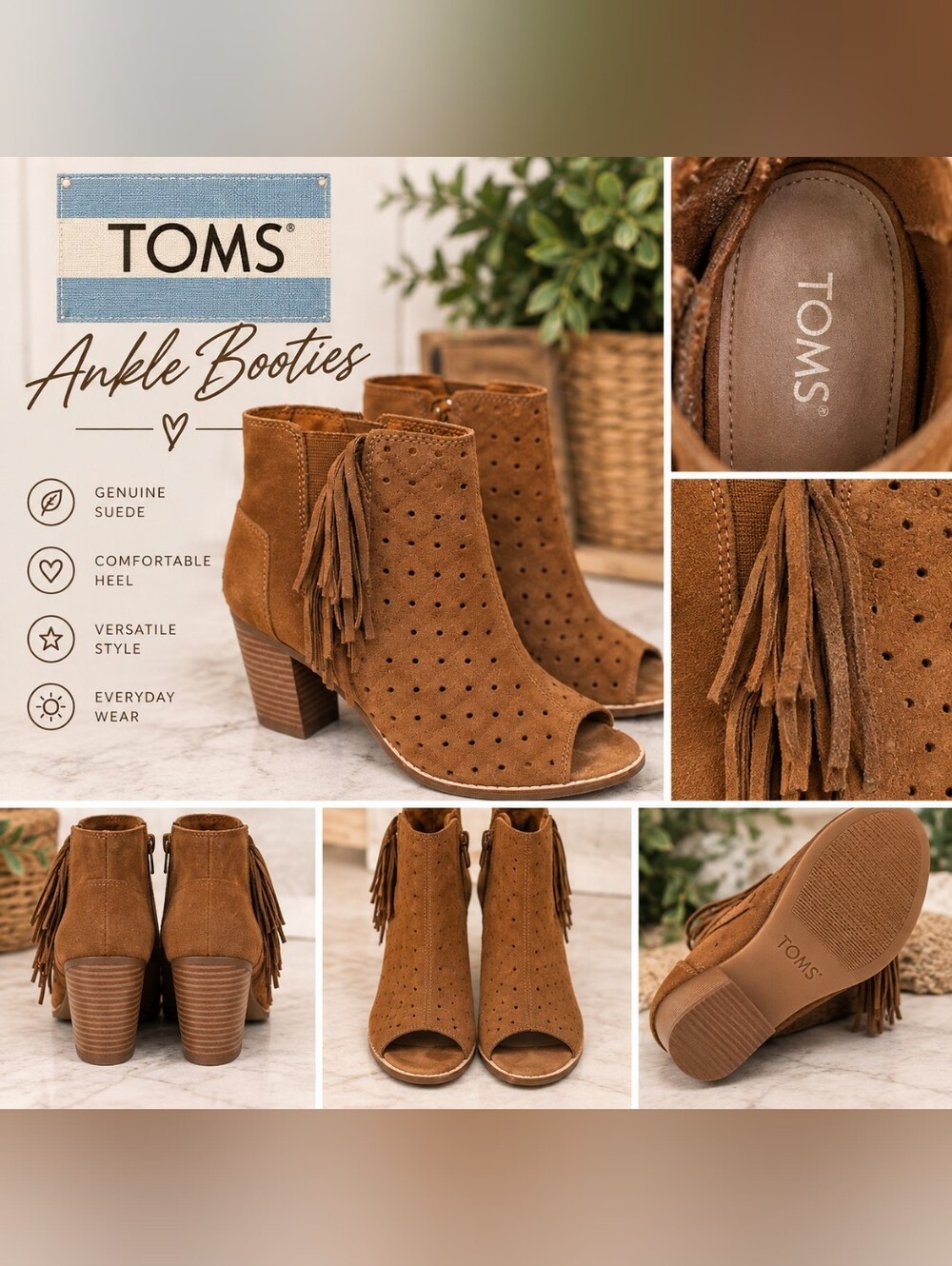 Toms Brown Perforated Heeled Open Toe Boots with Fringe